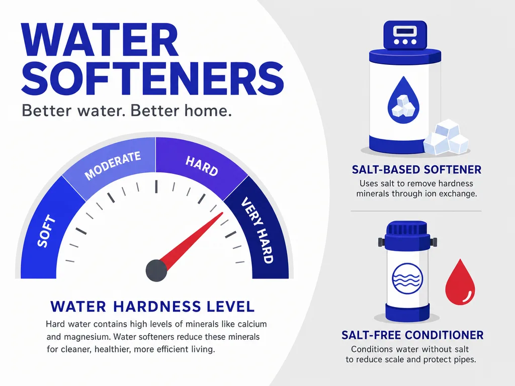 Water softener infographic with a hardness gauge in the high range and icons for a salt-based softener tank and a salt-free conditioner