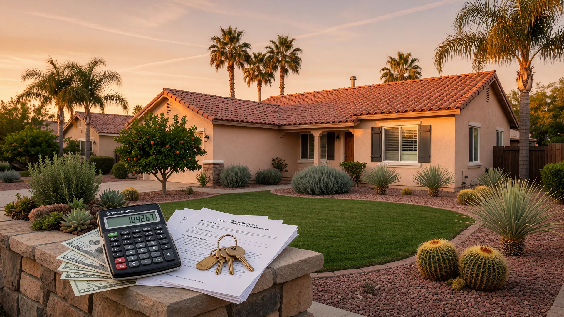 A sunlit single-story stucco home in Murrieta at golden hour with a financial calculator, blank loan documents, folded banknotes, and brass keys on the front stone planter, representing the private mortgage insurance conversation before an offer