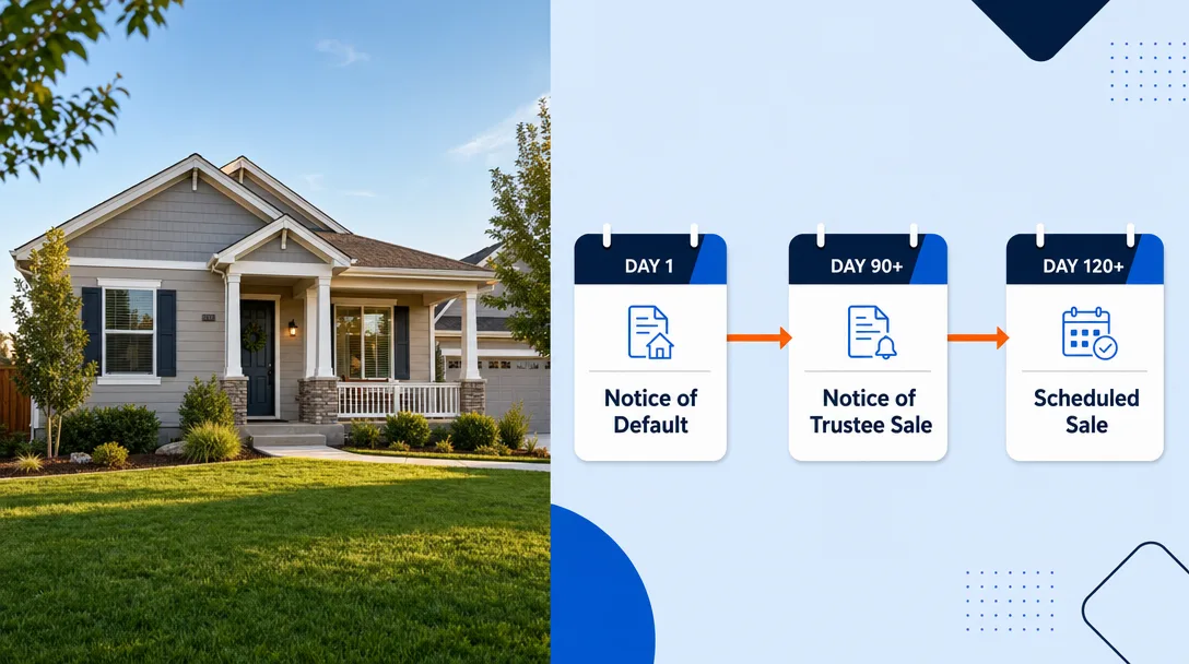 A Sacramento-area home beside a calm three-step calendar timeline showing the Notice of Default, Notice of Trustee Sale, and Scheduled Sale milestones