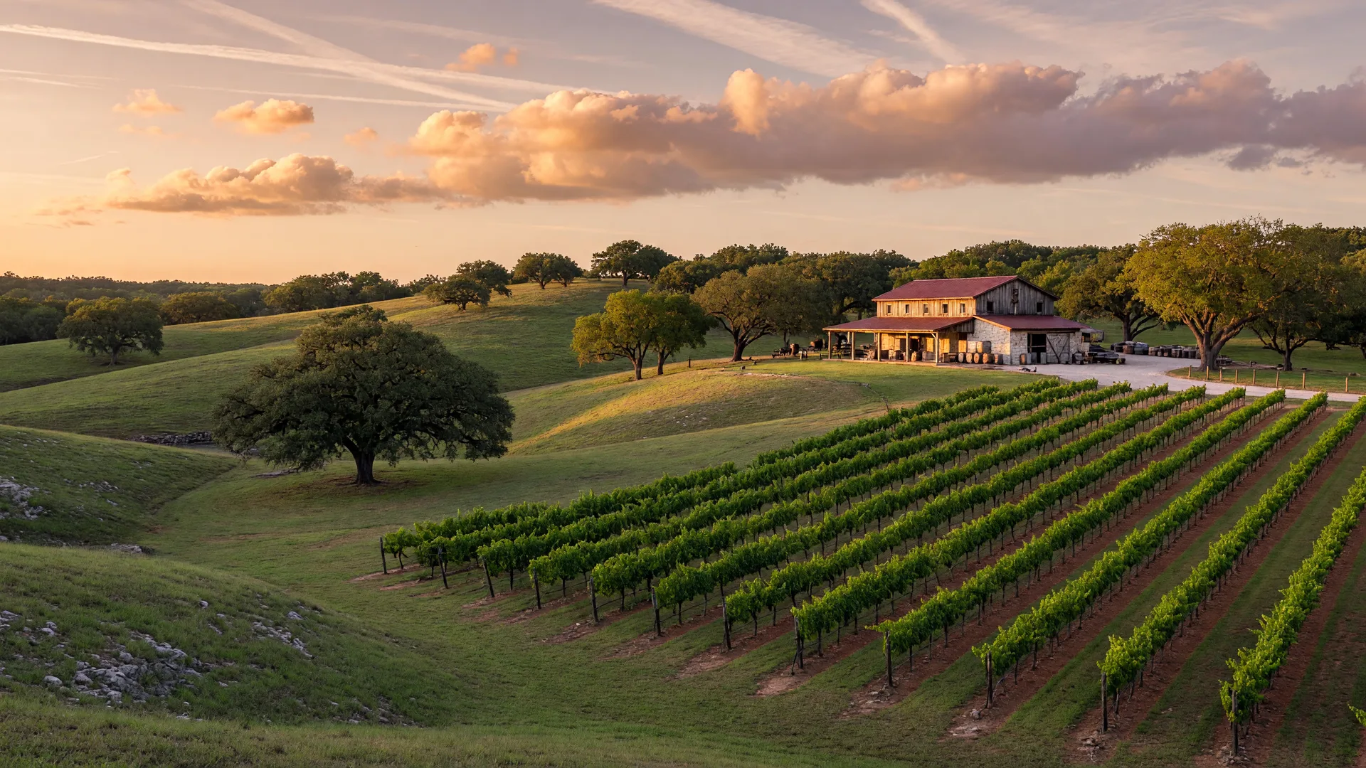 Vineyard and rolling hills landscape near Dripping Springs Texas in the Hill Country