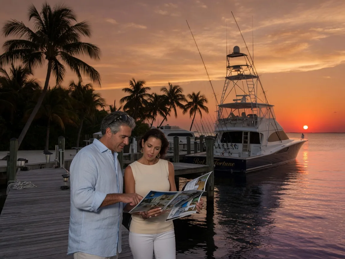 Real estate agent and buyer reviewing a property brochure on a private dock in Key Largo at sunset, a luxury sportfishing yacht moored beside them, warm golden light and silhouetted palm trees