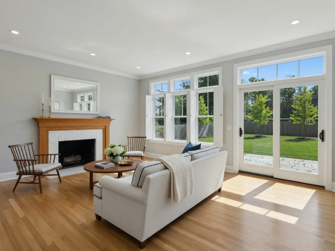 Modern living room with fireplace and natural daylight in colonial home