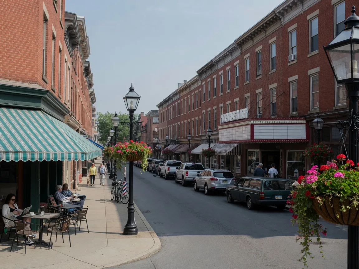Butler Avenue in Ambler, Pennsylvania with brick storefronts, awnings, and a restaurant with outdoor tables