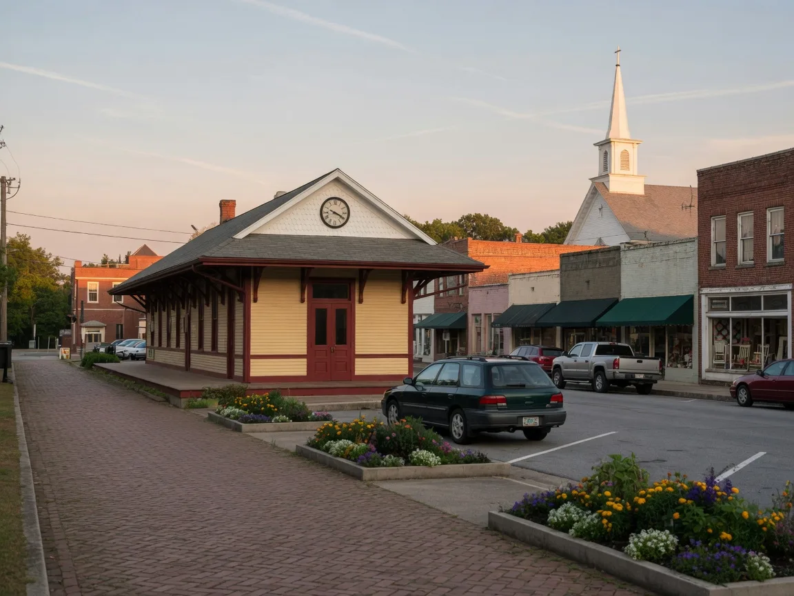 A restored small-town depot with a gable clock on the quiet main street of Hoschton, Georgia in soft afternoon light