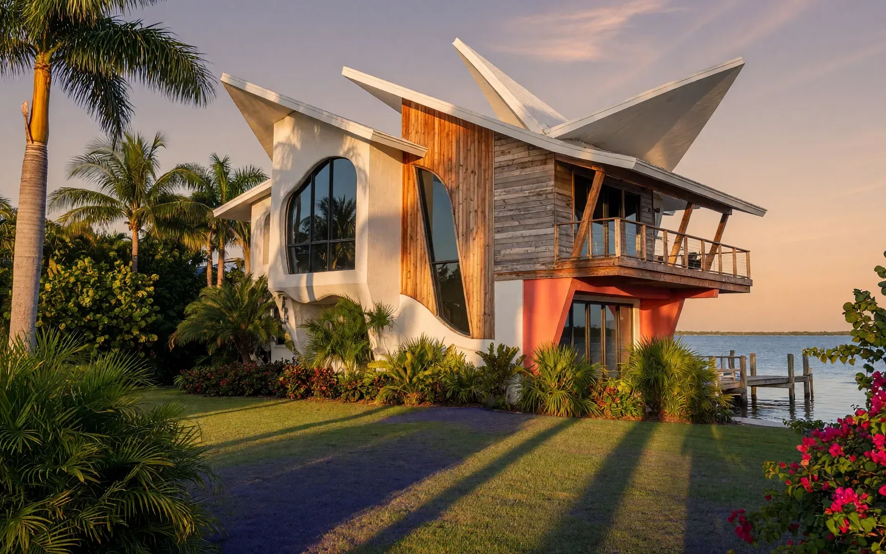A distinctive waterfront Florida home with bold sculptural rooflines at golden hour