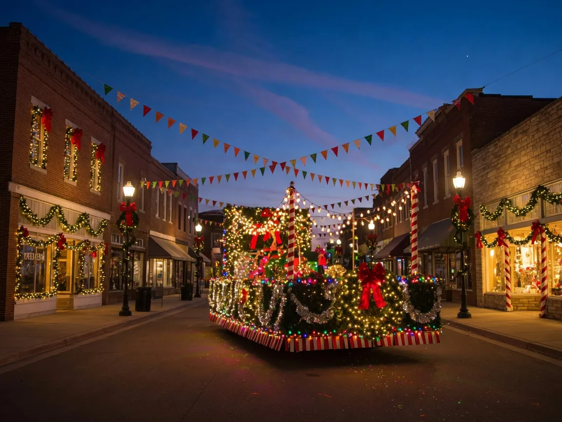 Festive float glowing with holiday lights at the Wimberley Lighted Parade