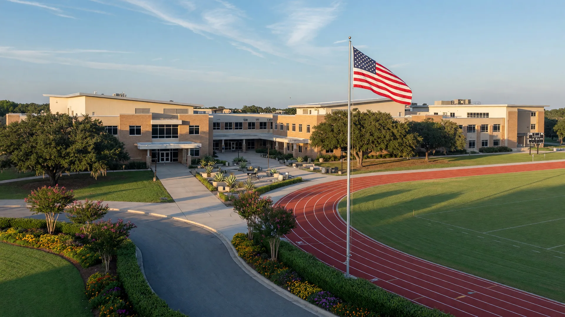 Illustrative image of a modern Texas public school campus