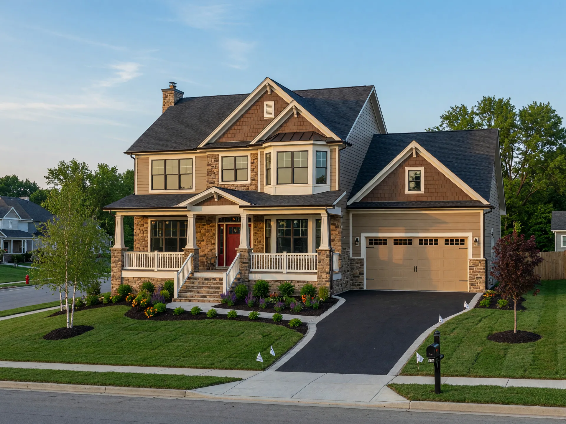 Beautiful newly constructed craftsman-style home with welcoming front porch and manicured landscaping in the Kansas City Northland