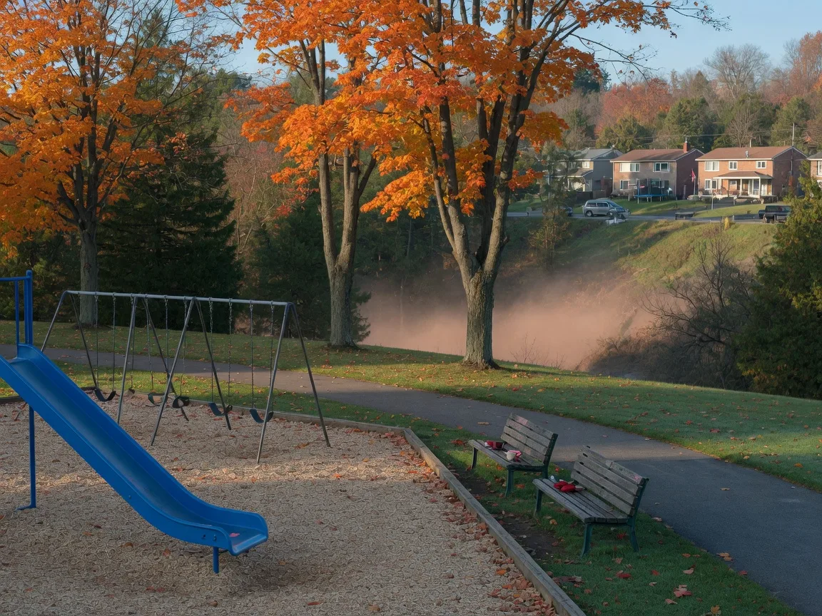 Kedron Park playground and walking paths under autumn maples in north-east Oshawa