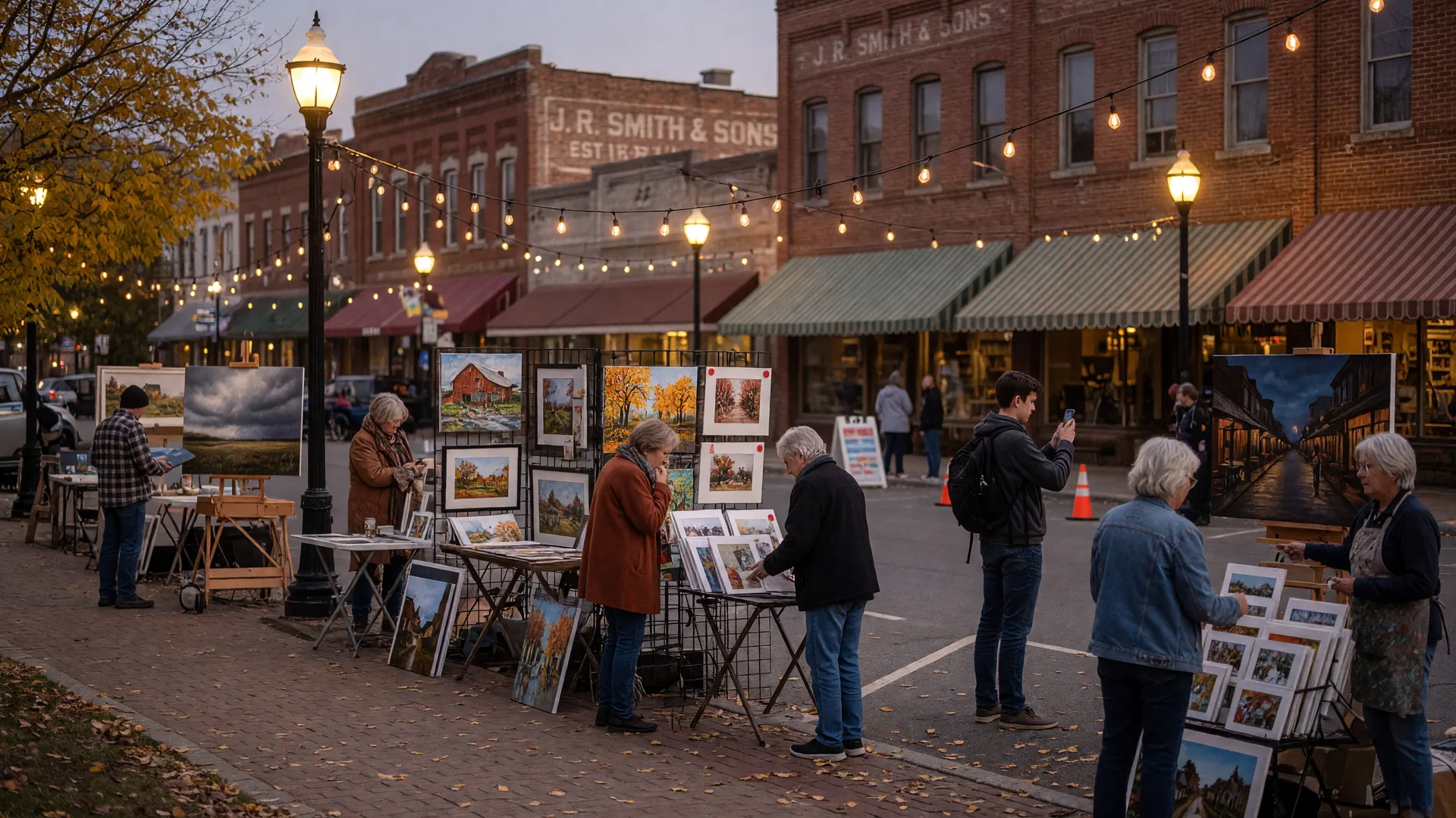 Evening downtown art walk with string lights, artist displays on brick sidewalks, and people browsing paintings in a small Texas town