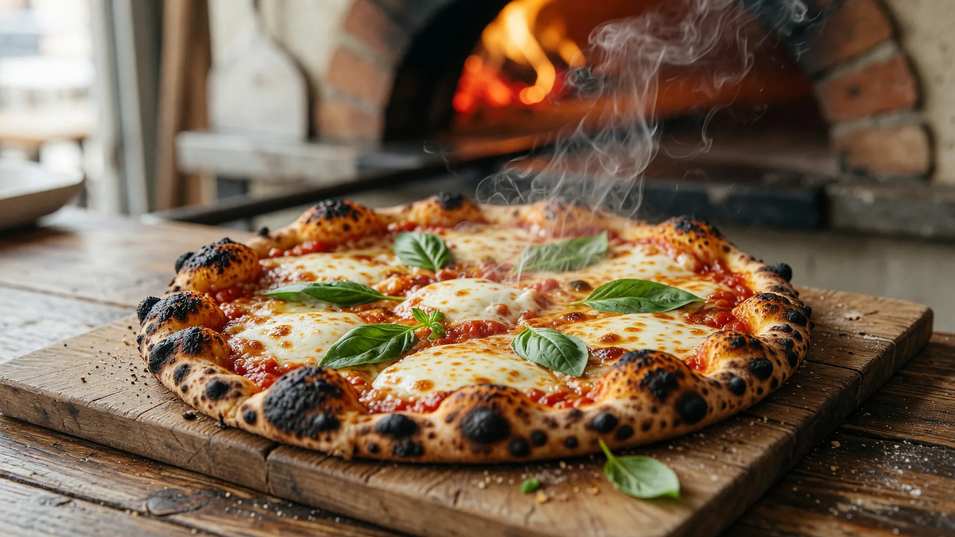 Wood-fired pizza with blistered crust, melted mozzarella, and basil