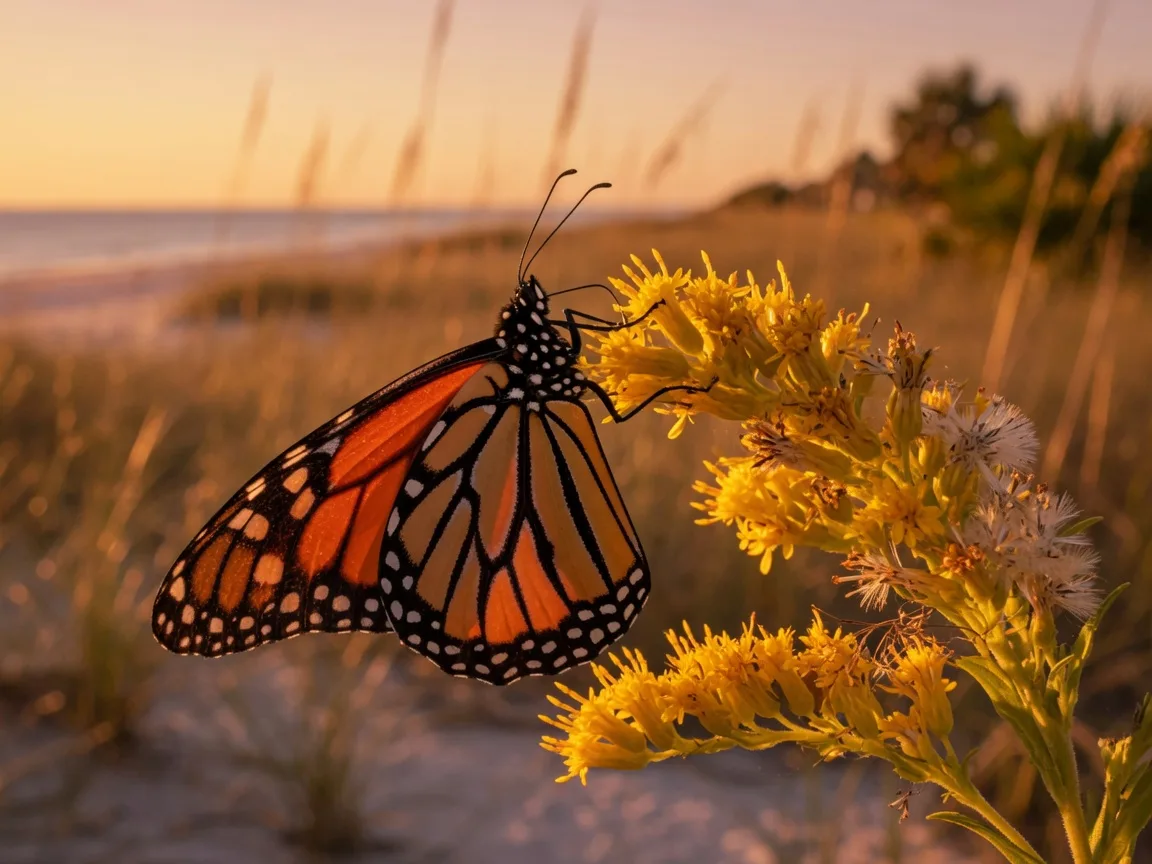 A monarch butterfly feeding on golden seaside goldenrod blossoms along a Florida Gulf coast dune at golden hour in October