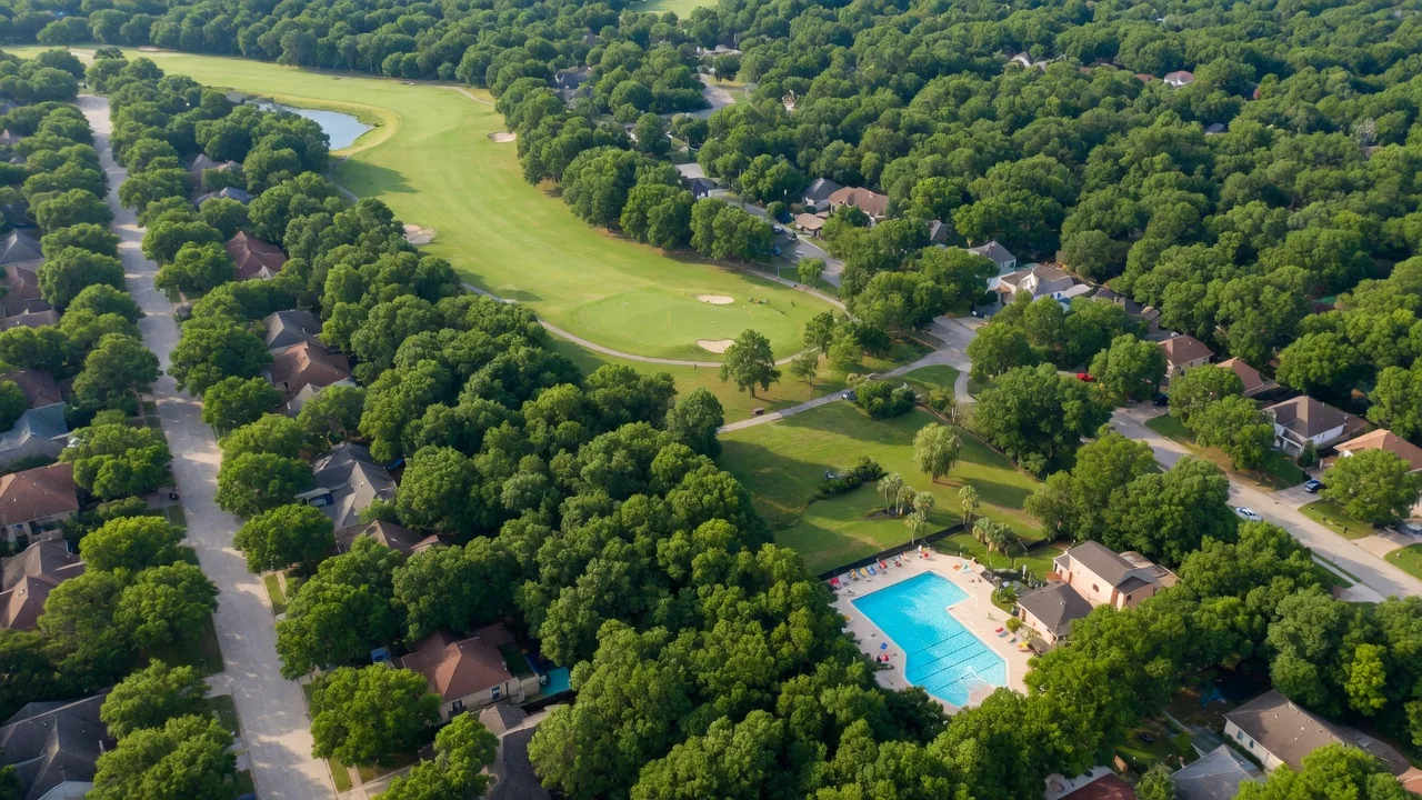 Aerial view of Kingwood's lush tree canopy and neighborhood
