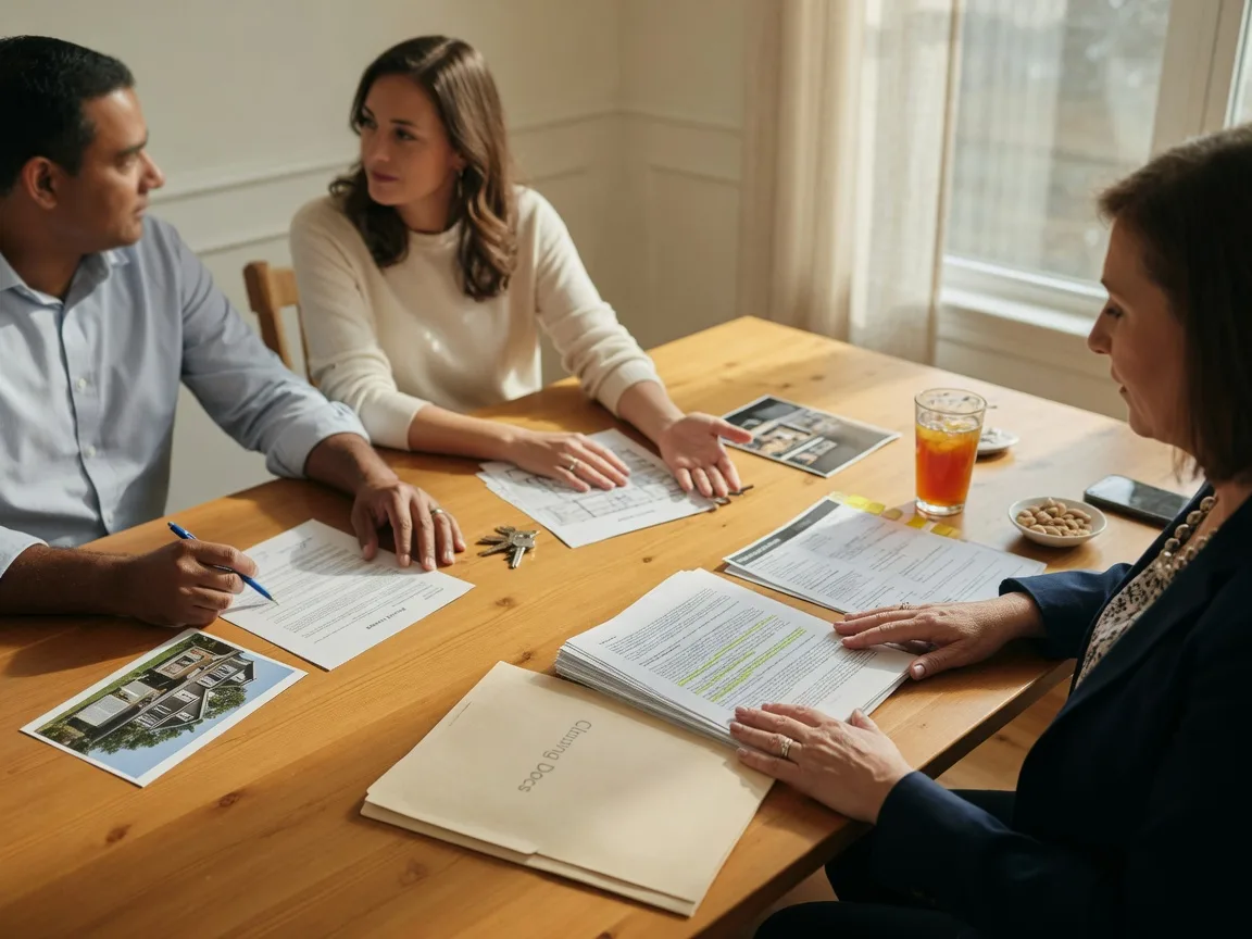 A couple reviewing important real estate paperwork with their agent in a home in Northern Virginia
