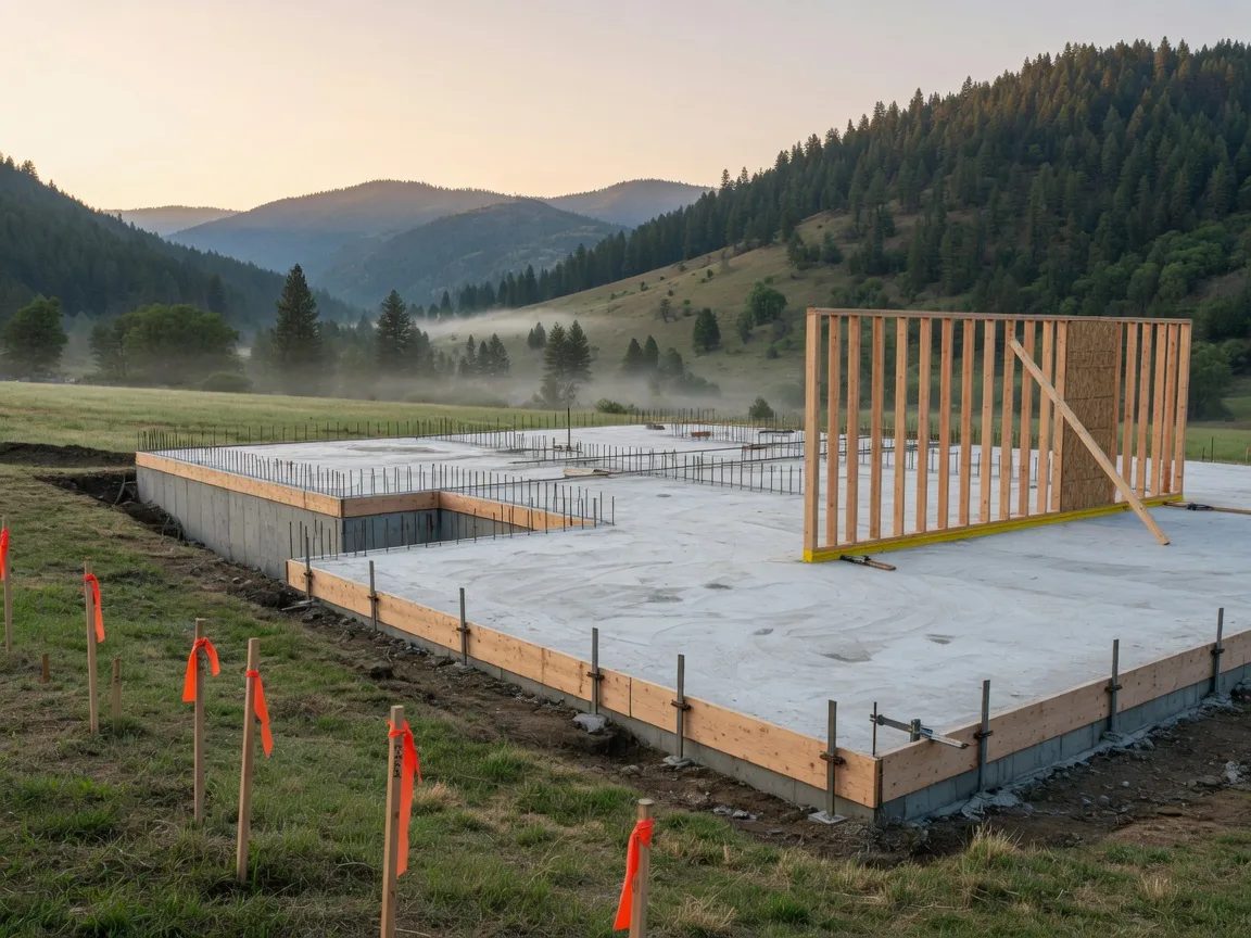A freshly poured foundation with early wood framing on a grassy lot in a Southern Oregon valley, with forested hills behind