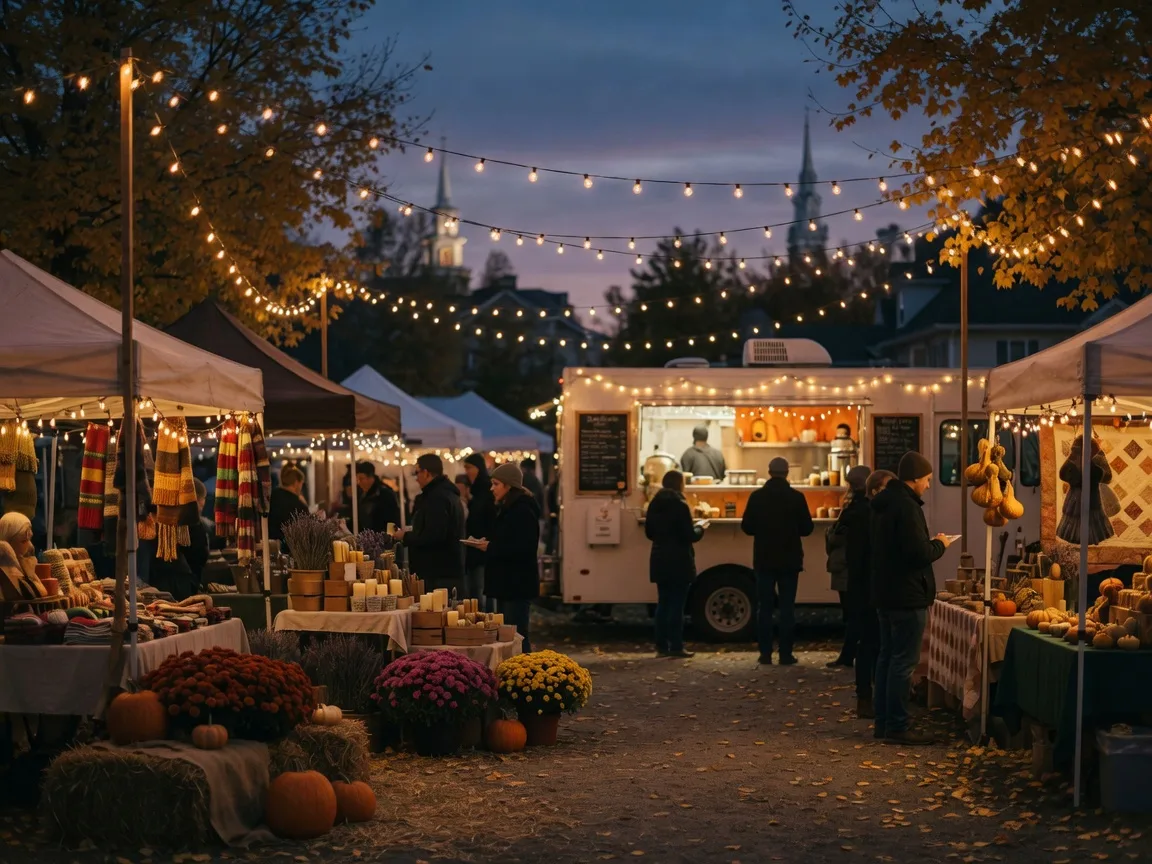 An autumn night market with warm fairy lights strung over vendor booths, a softly glowing food truck, and hay bales and pumpkins at the edges