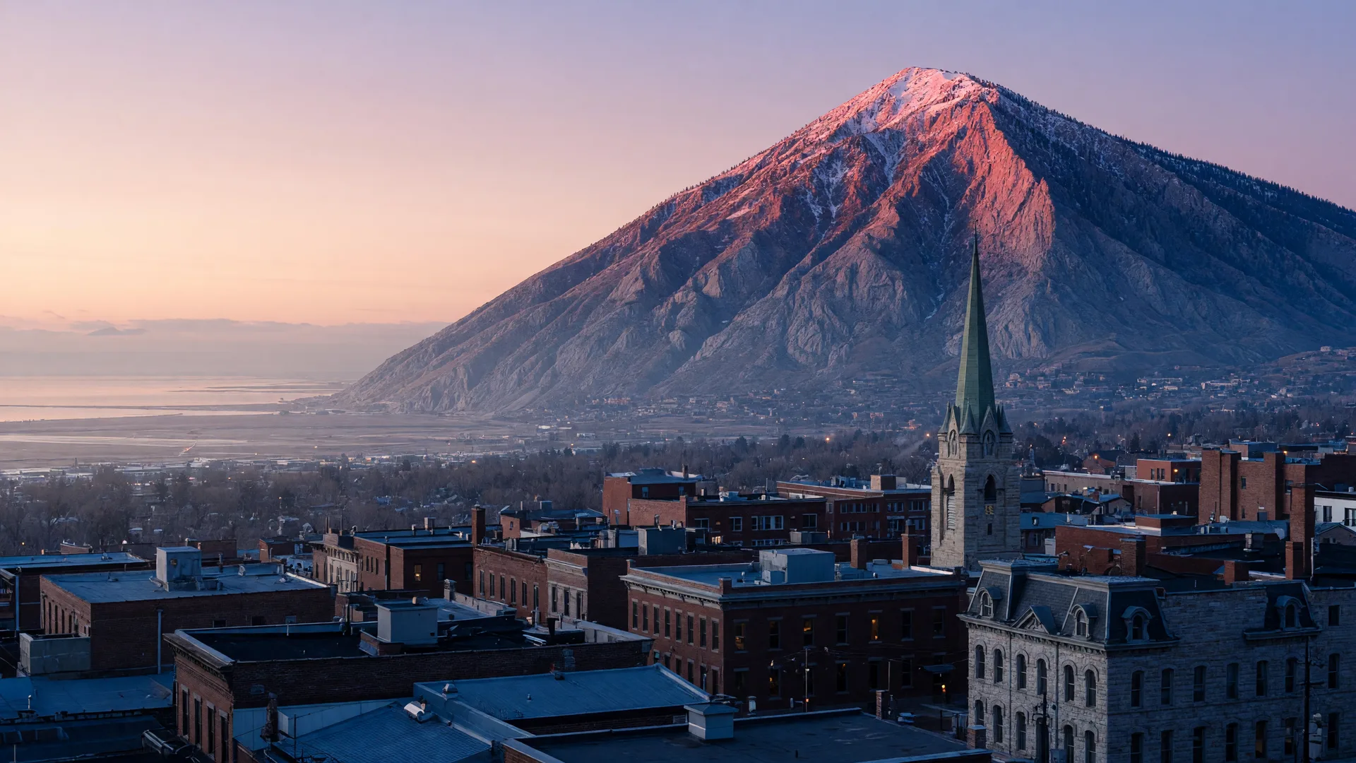 Dawn over the northern Wasatch Front with Ogden's historic downtown rooflines in the foreground and Mount Ogden glowing pink on the horizon.