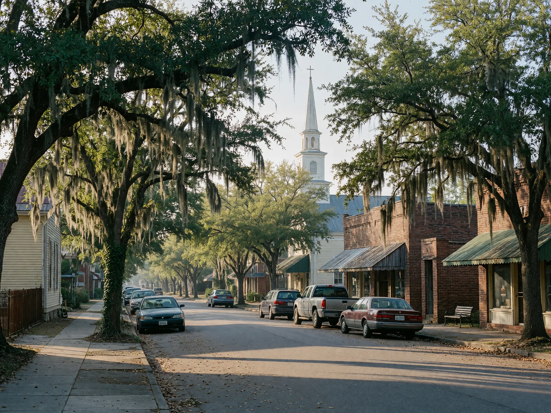 Live oaks arching over a quiet Summerville street