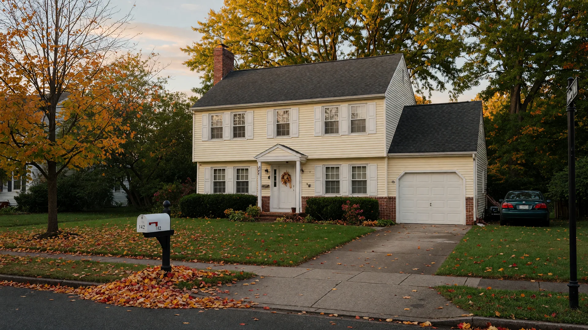 A classic Colonial-style home in Bloomfield NJ on a crisp September morning with a white mailbox at the curb and autumn leaves on the lawn
