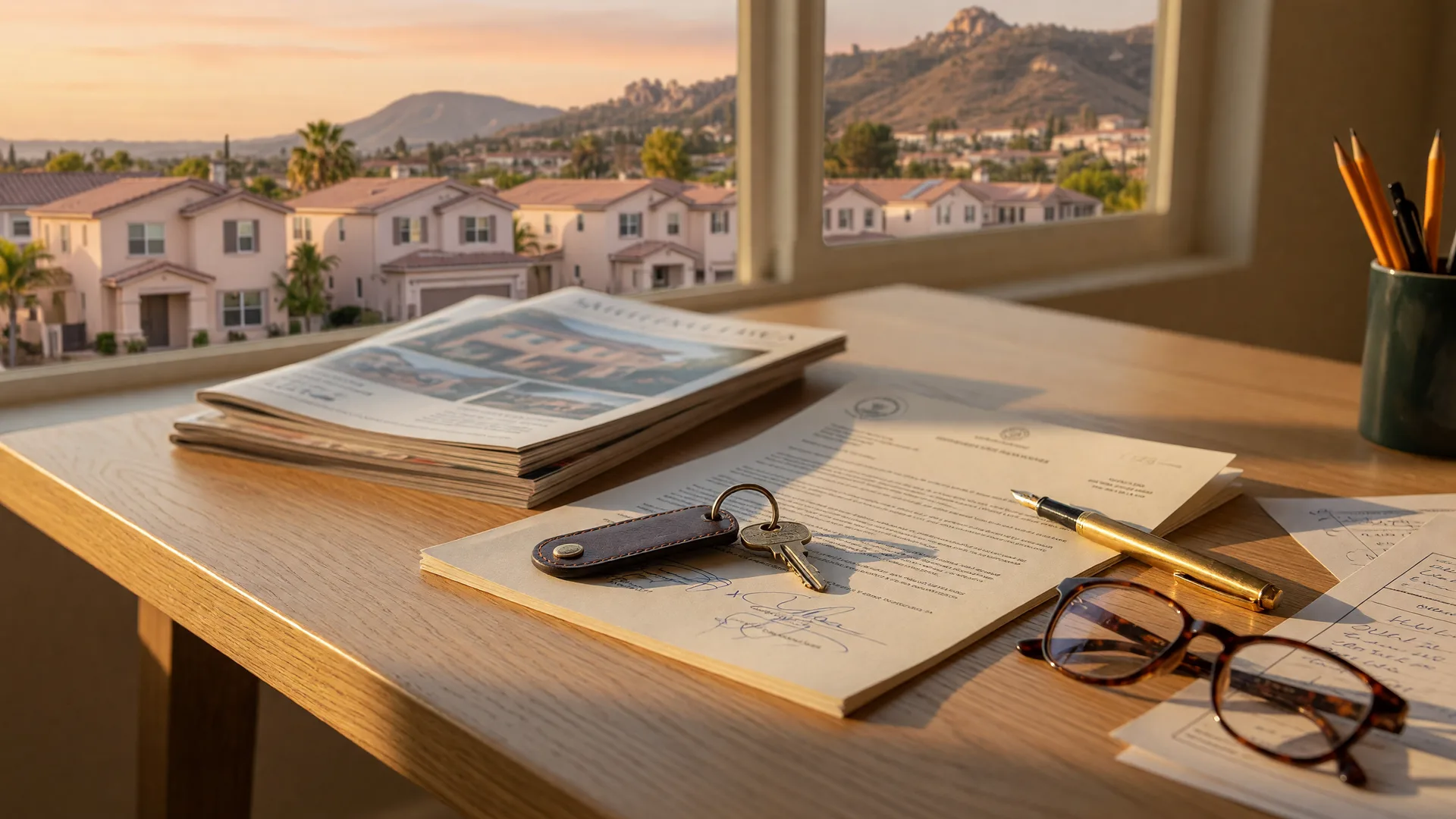 A real estate consultation desk in golden-hour light with listing documents, a contract, a pen, and a house key
