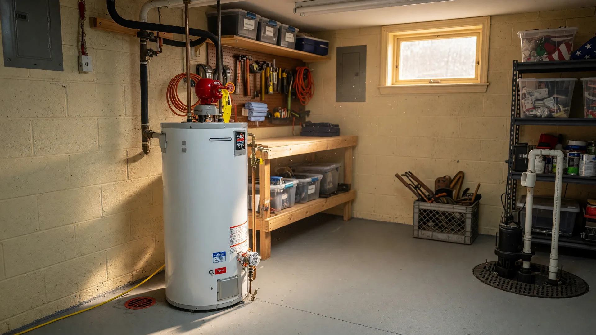 Modern tank water heater with copper supply lines in the tidy basement utility room of a Cherry Hill colonial home