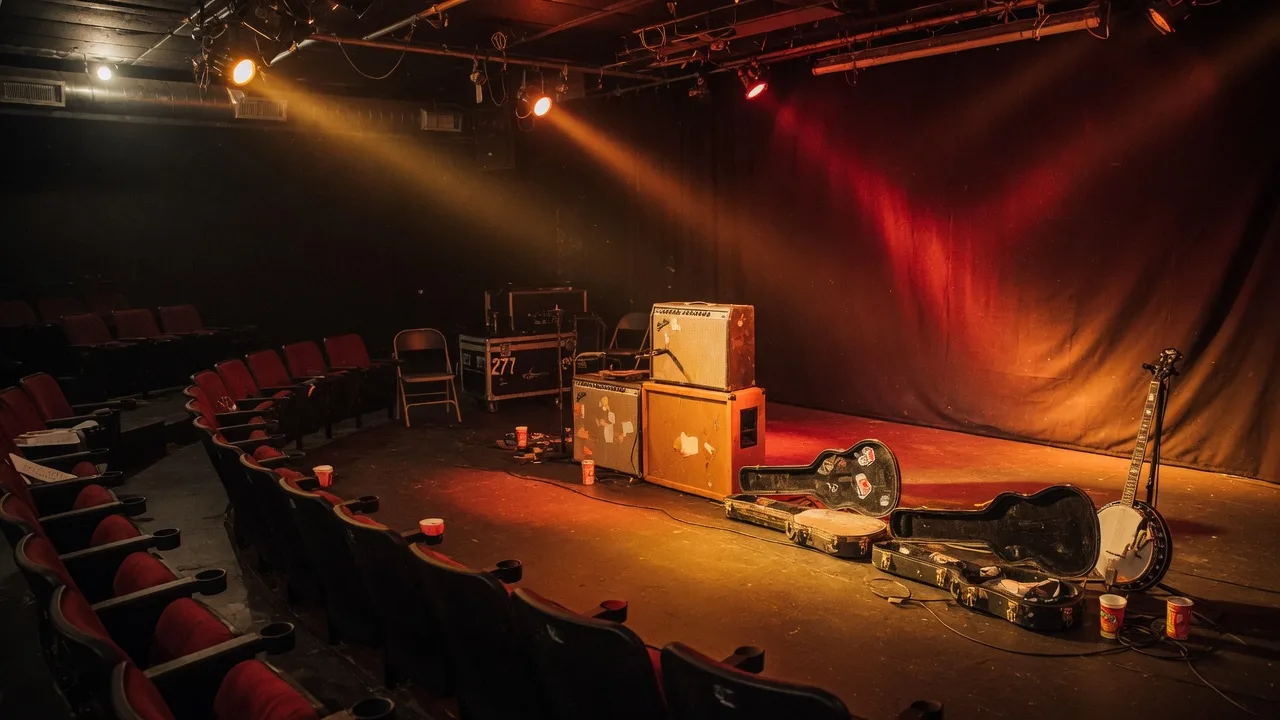 Interior of Stage 271 theater at Choctaw Casino with warm stage lighting, red and amber tones, and an intimate concert atmosphere