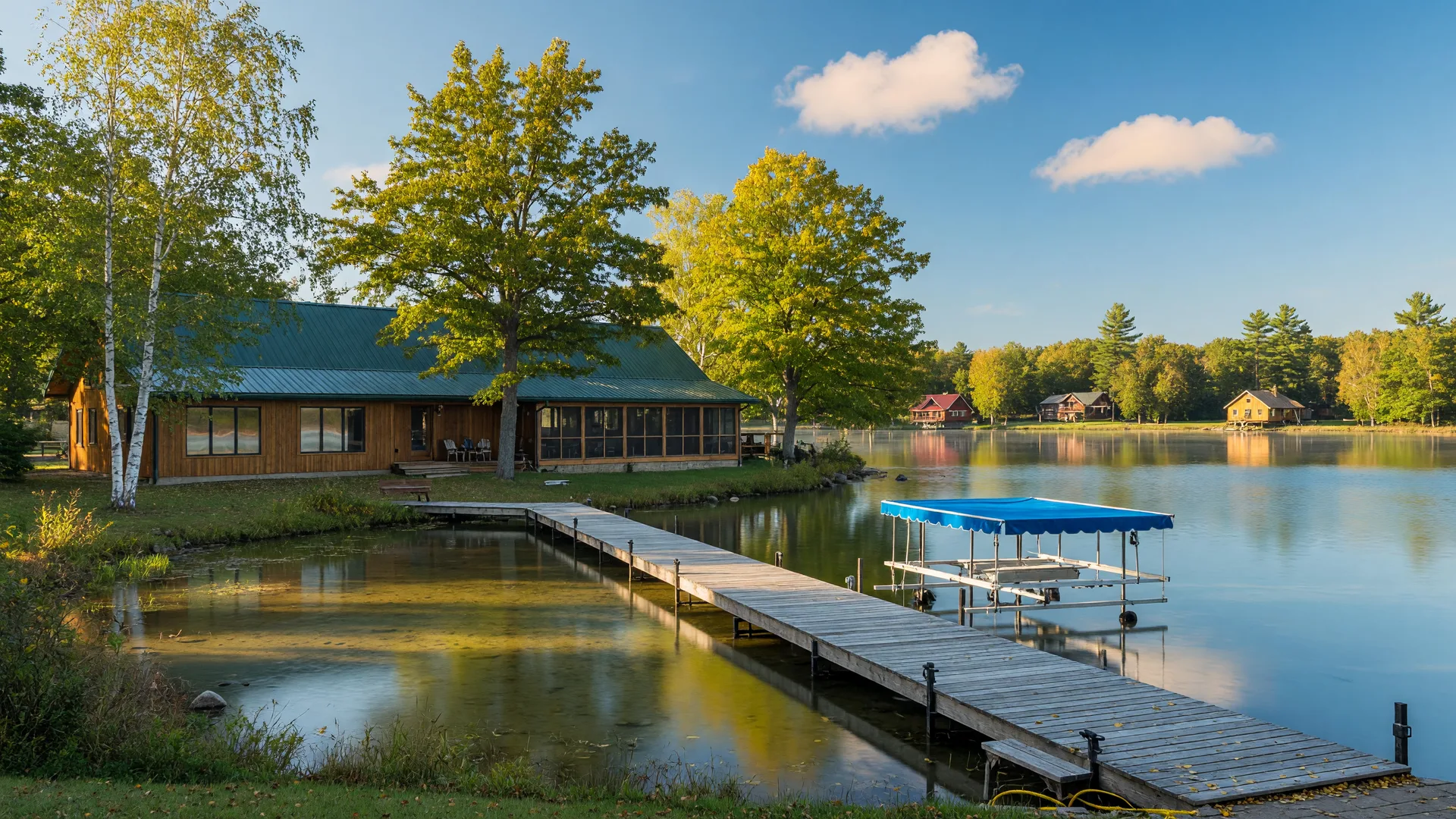A Minnesota lakefront home in mid-September with a wooden dock and early fall color