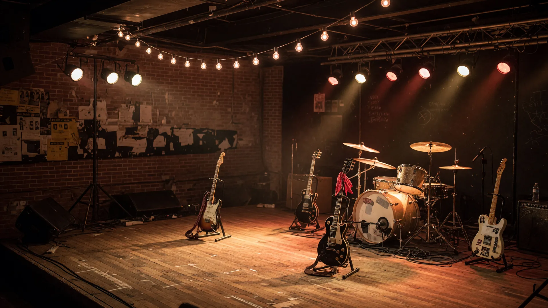 A small-town Texas music hall stage at night with electric guitars on stands, a drum kit, warm stage lights, and a string of bulbs overhead