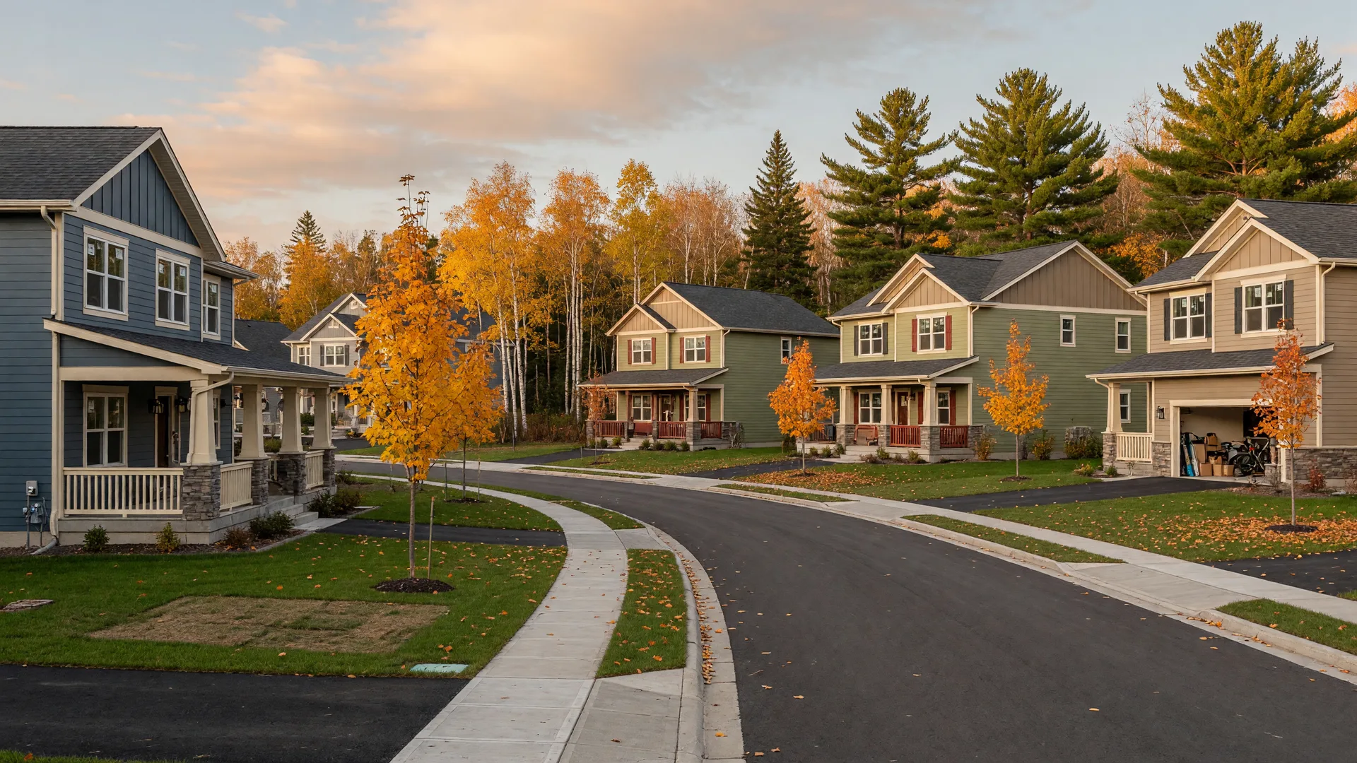 New craftsman-style homes along a curving street in Northern Minnesota with young maples turning gold in late-afternoon light