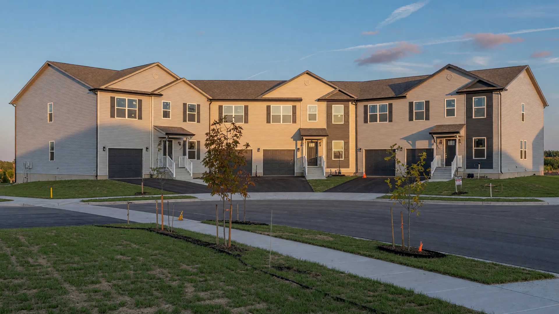 A row of brand-new attached two-story townhomes on a tidy Sioux Falls subdivision street at golden hour