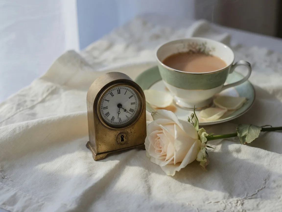 Small brass table clock and a single cream rose on a linen cloth beside a cup of tea in soft window light