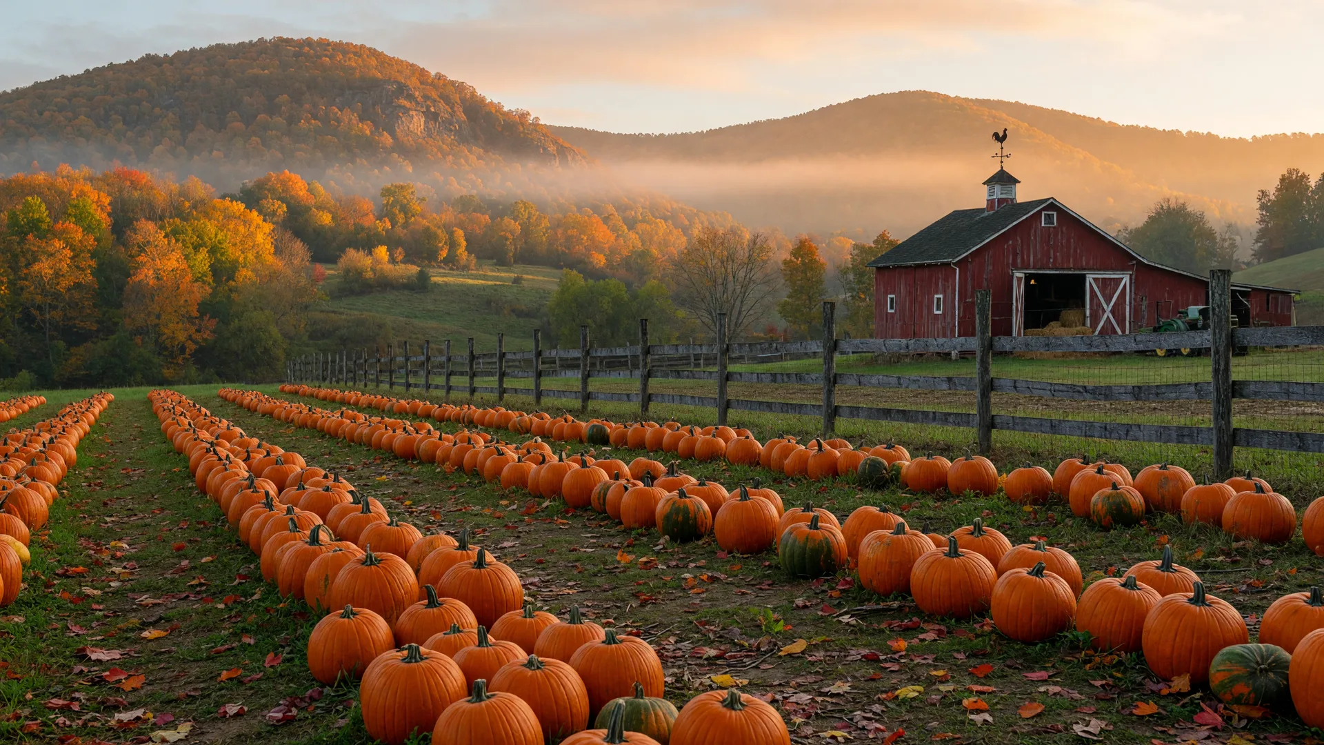 A pumpkin patch and red barn on a western Pennsylvania farm on a golden October morning