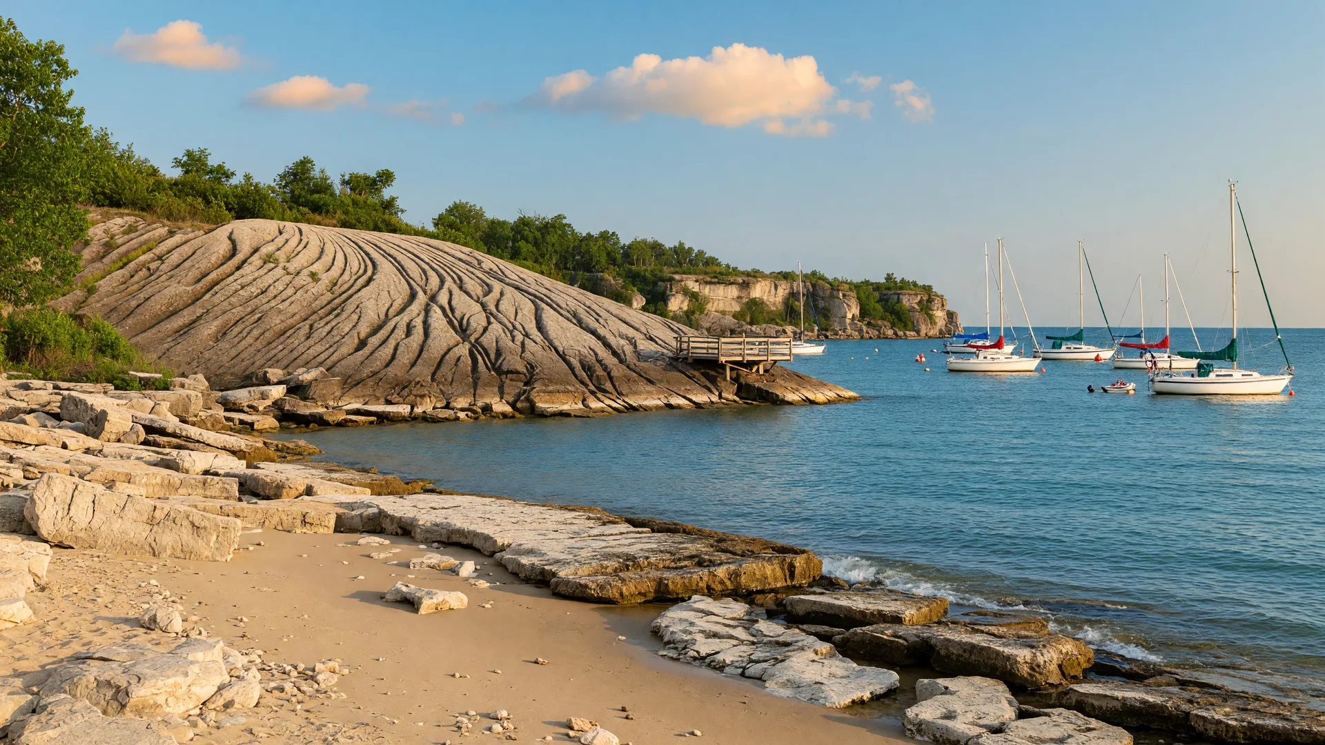 Kelleys Island Lake Erie shoreline with limestone formations, sandy beach, and sailboats on a bright summer afternoon