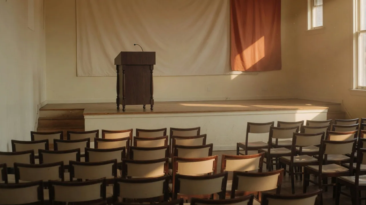 A wooden lectern on an empty stage, warm afternoon light over quiet rows of chairs