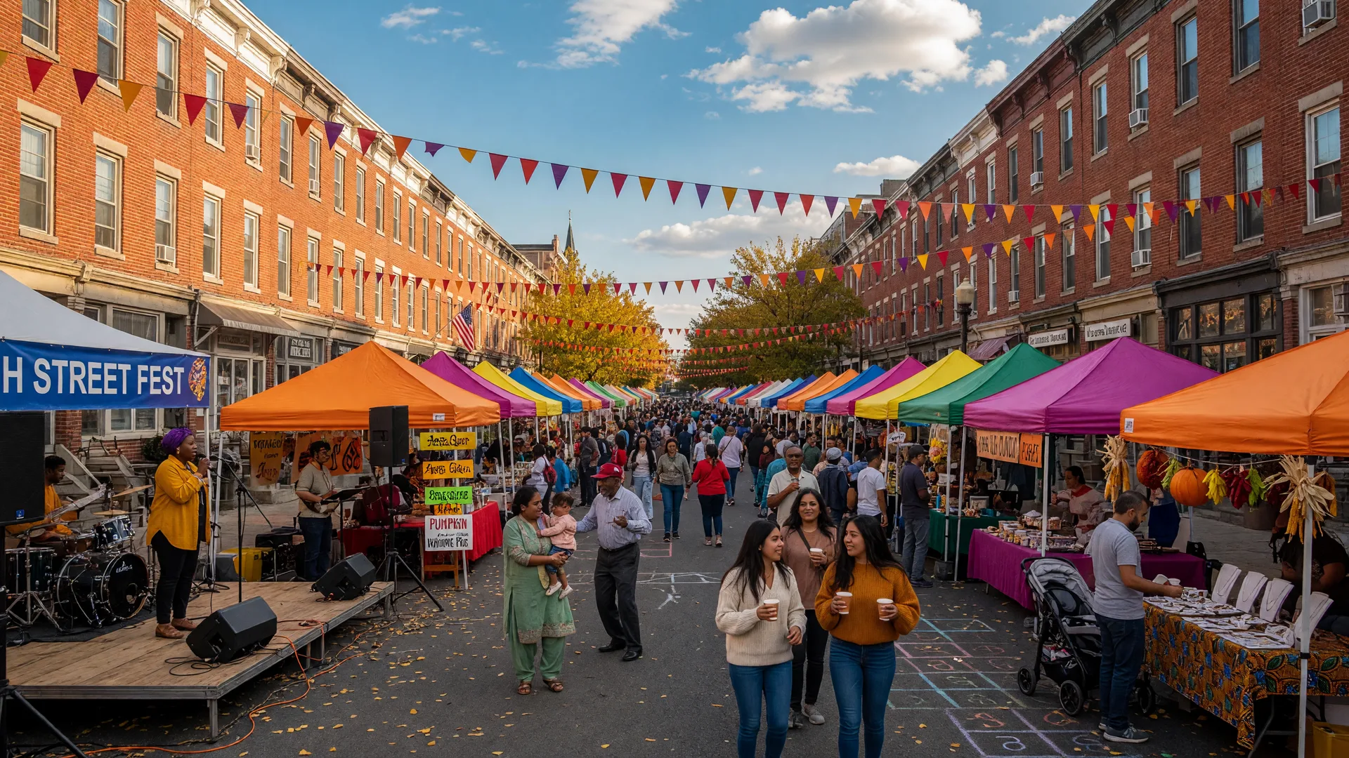Autumn street festival in Washington DC with vendor tents, food stalls, a live music stage, and crowds dancing under string bunting, framed by brick rowhouses in golden September afternoon light