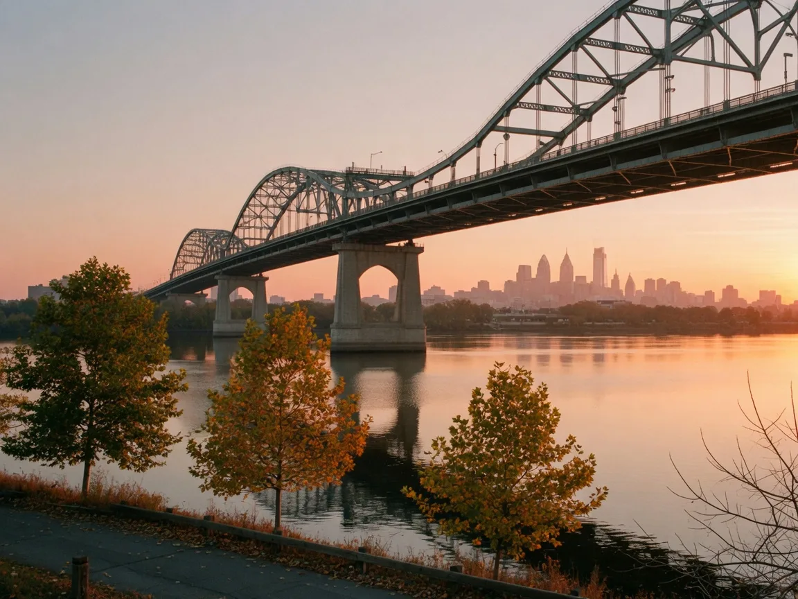 Tacony-Palmyra Bridge spanning the Delaware River at sunrise