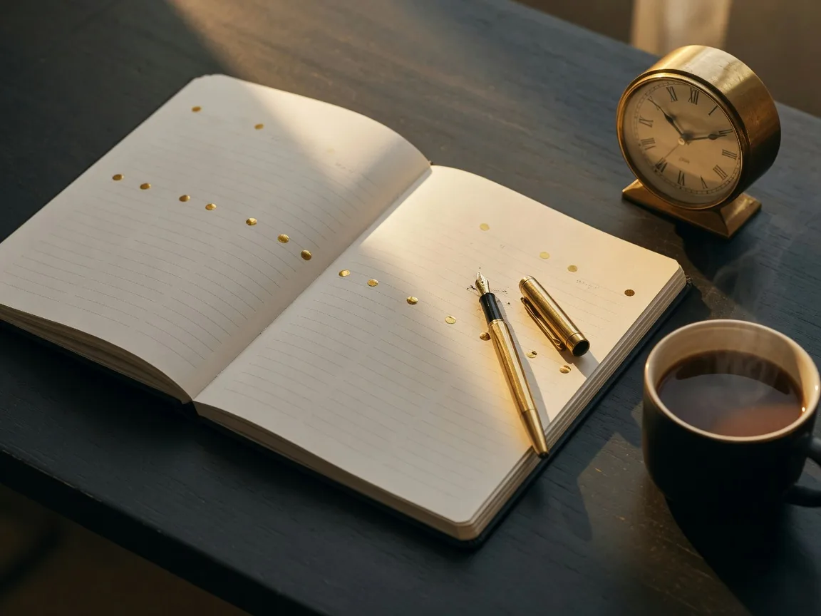 A week-at-a-glance planner with gold dots on every day on a charcoal desk, the weekly cadence that keeps a database warm