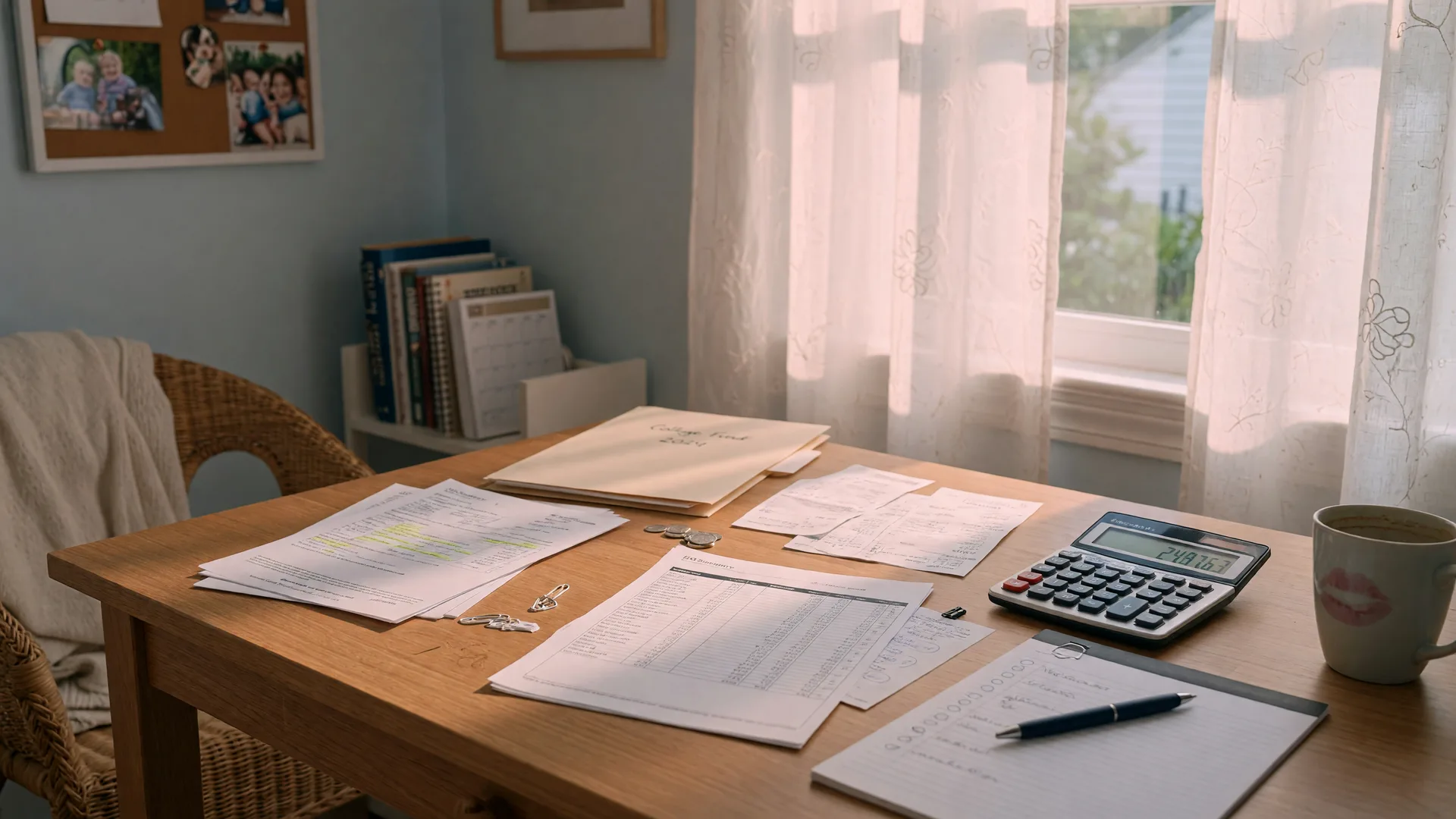 A bright home office desk with financial documents and a calculator in soft morning light