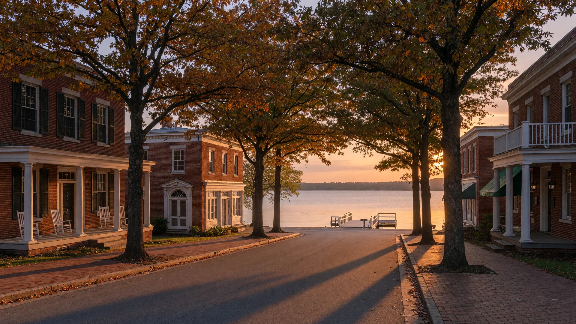 Autumn main street in the college town of Davidson, North Carolina, with a glimpse of Lake Norman at the end of the street