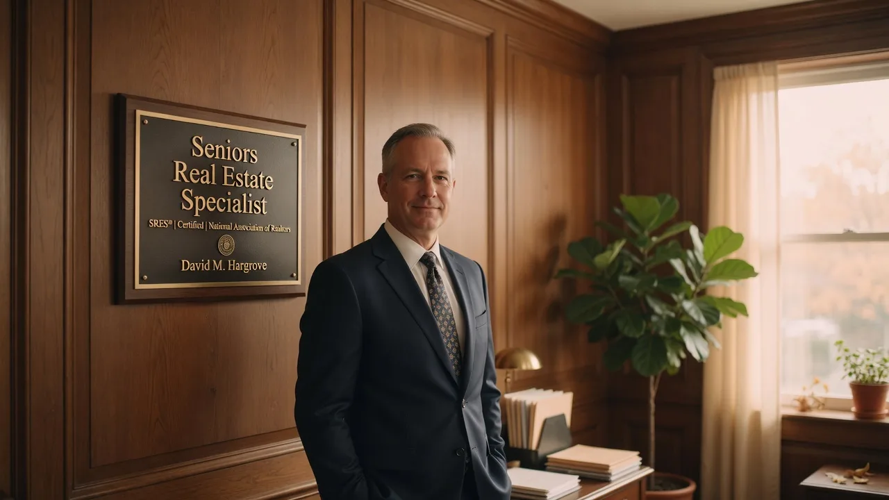 Professional real estate agent standing beside a Seniors Real Estate Specialist credential plaque in a warm, sunlit office setting