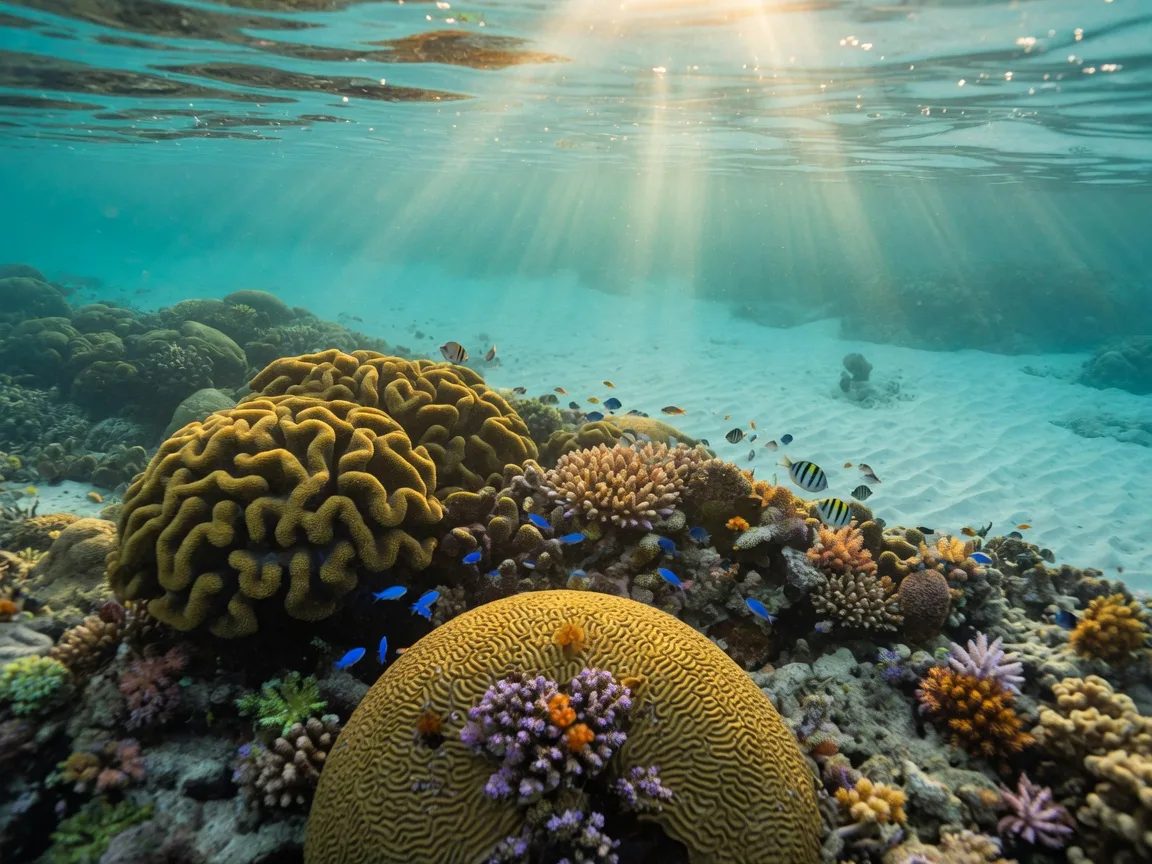 Crystal-clear turquoise shallows over a vibrant coral reef in the Upper Florida Keys, brain coral and star coral with small tropical fish in the water, soft morning sun rays breaking the surface