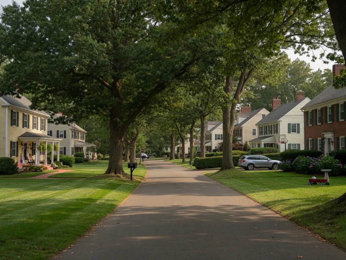 Tree-lined residential street in the Pleasantdale neighborhood of West Orange NJ with well-maintained colonial homes, generous manicured lawns, and mature oak trees on a late summer afternoon