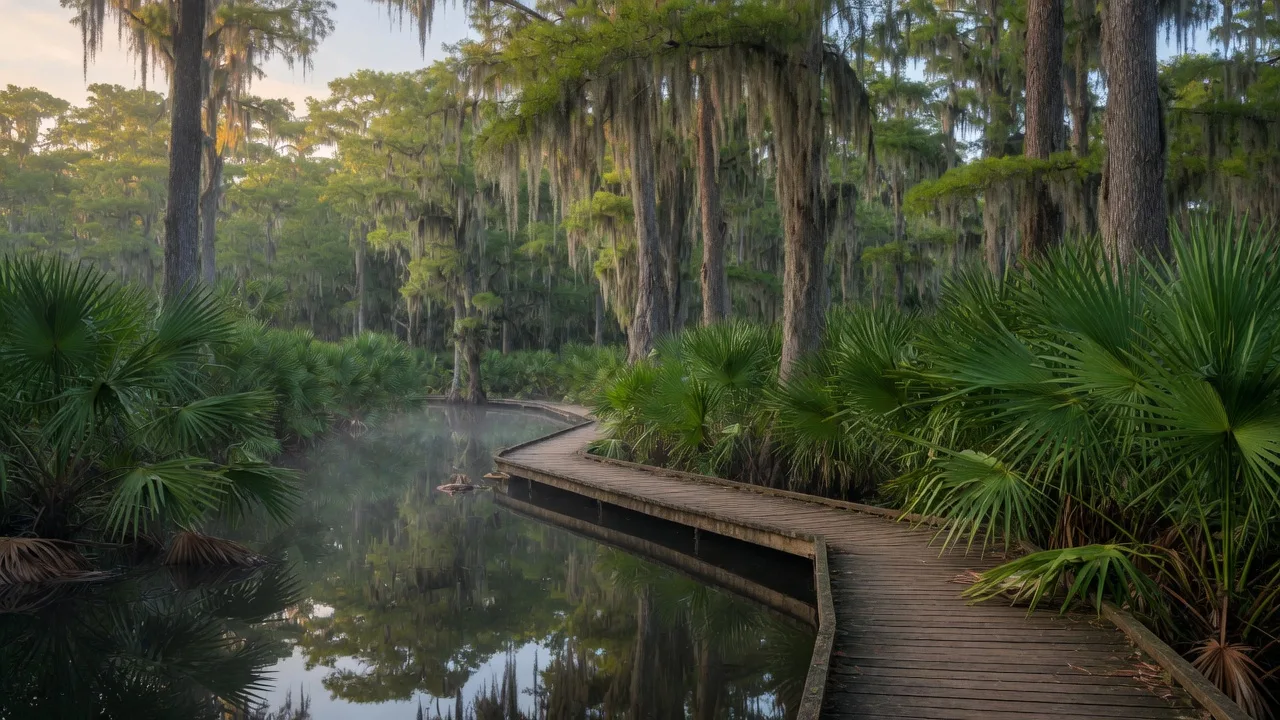 Winding boardwalk through a dense dwarf palmetto swamp beneath tall bald cypress draped in Spanish moss at Palmetto State Park