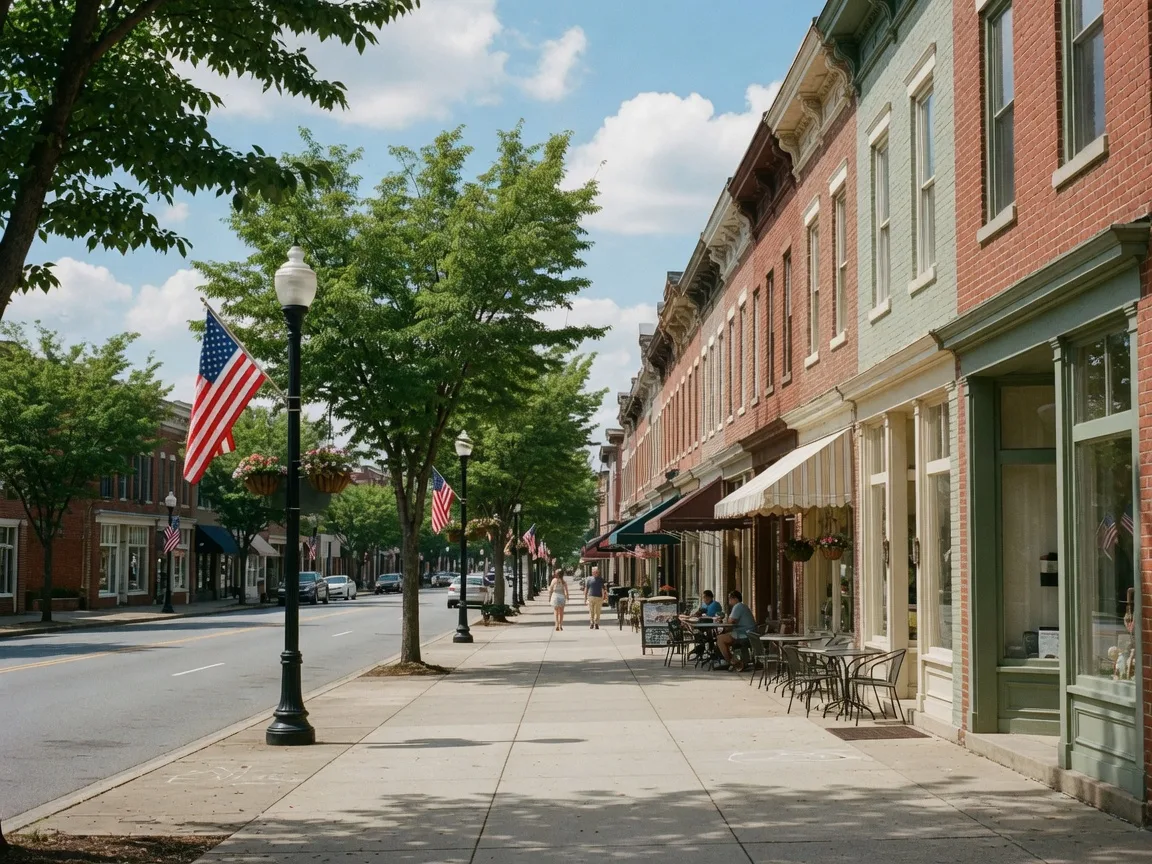 Historic 19th-century brick storefronts along a downtown Culpeper, Virginia street, with boutiques, a sidewalk cafe, and American flags on light poles