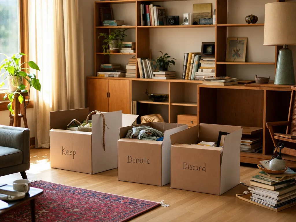 A Virginia living room mid-decluttering with three cardboard boxes labeled Keep, Donate, and Discard on a hardwood floor