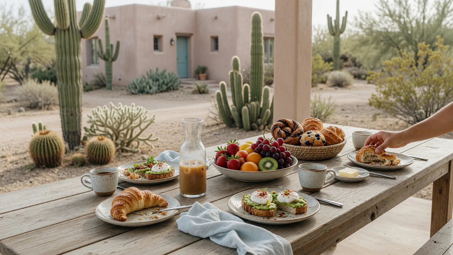 Sunday brunch table on the shaded veranda of a historic desert resort with palm gardens