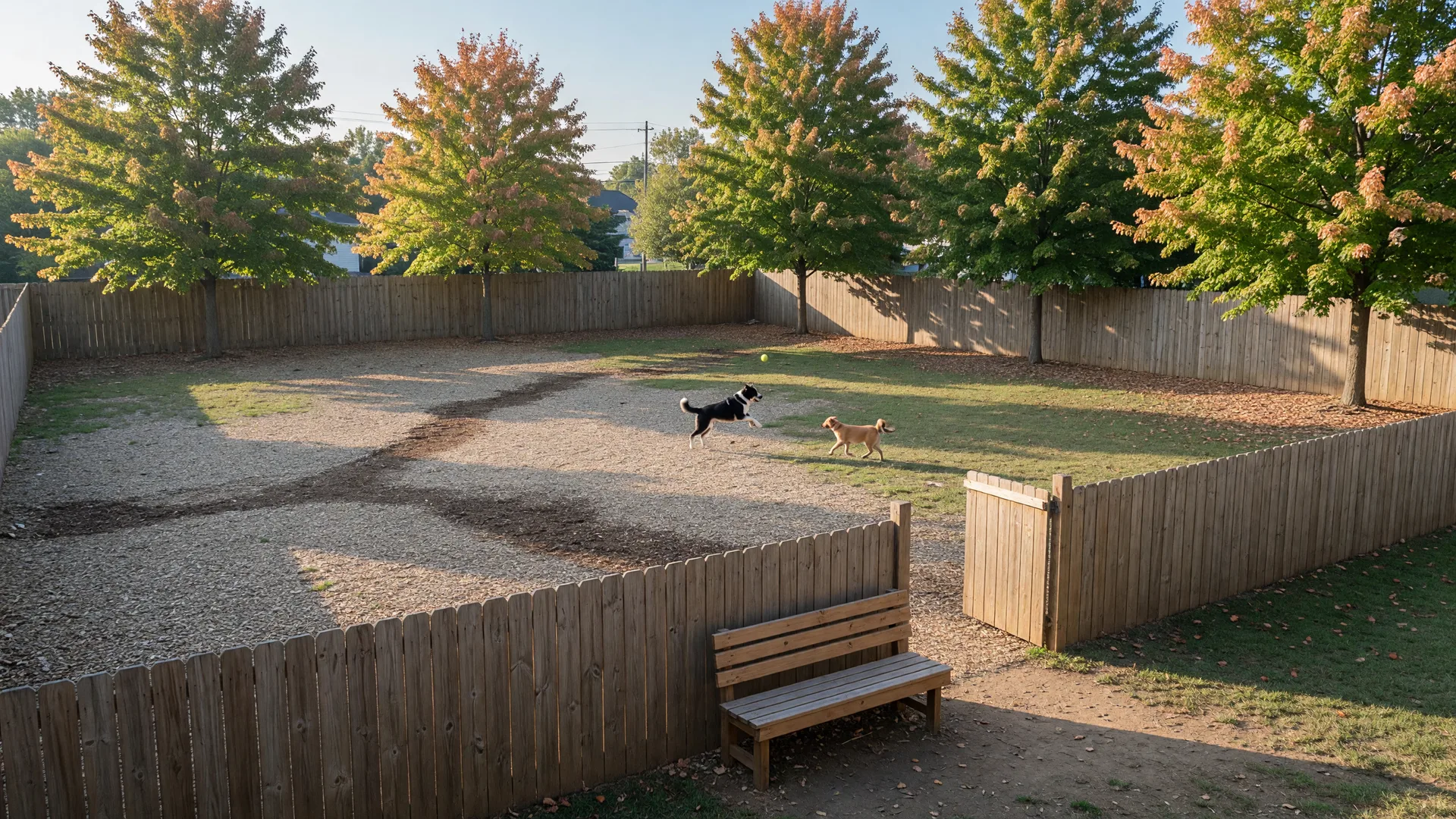 A fenced community dog park in an Ohio suburb on a sunny late-September morning