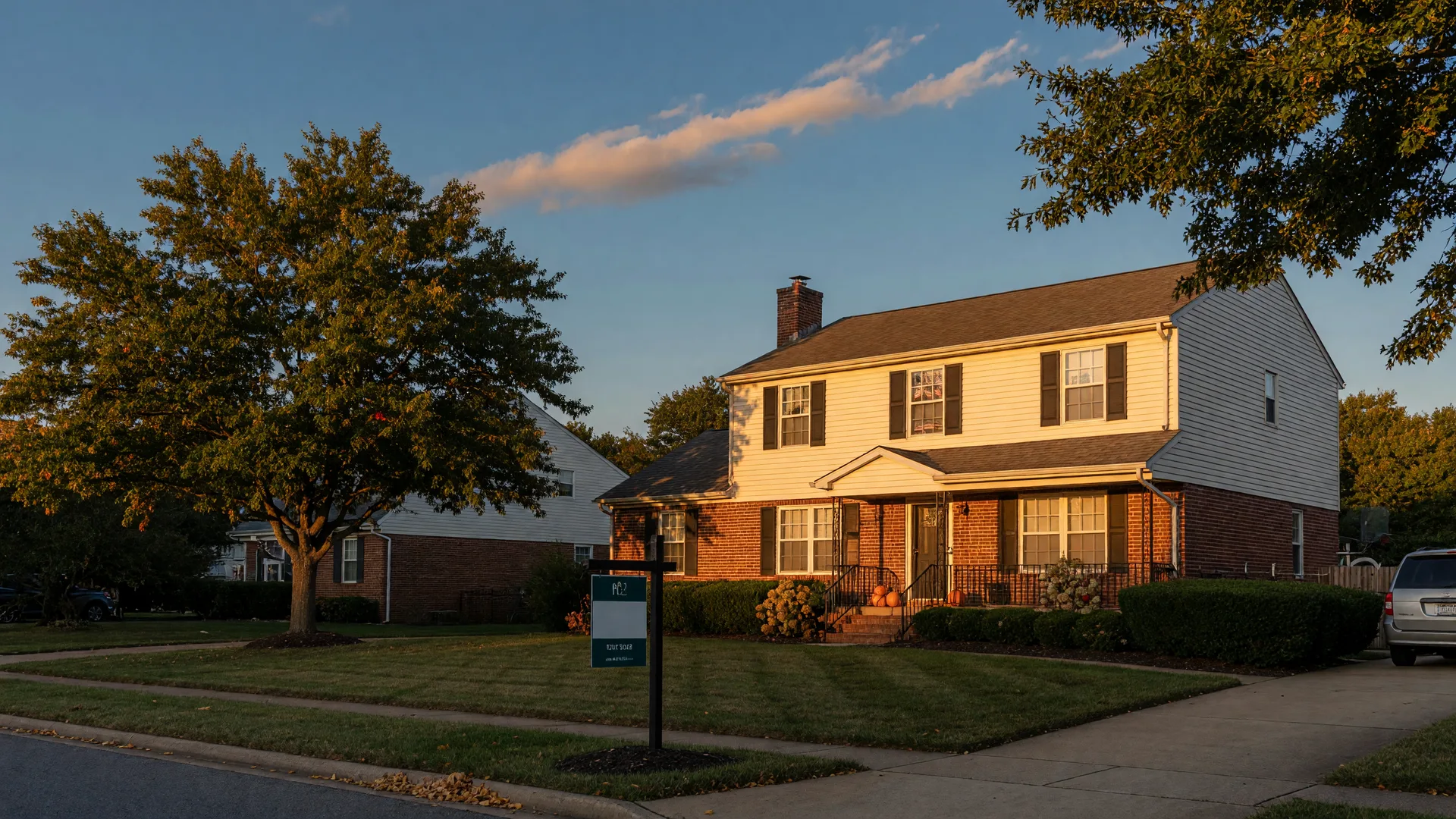 Two-story Triangle-area suburban home at golden hour in early autumn with a for-sale sign in the yard, the calm anticipation of a well-priced listing in a balanced market where buyers negotiate carefully