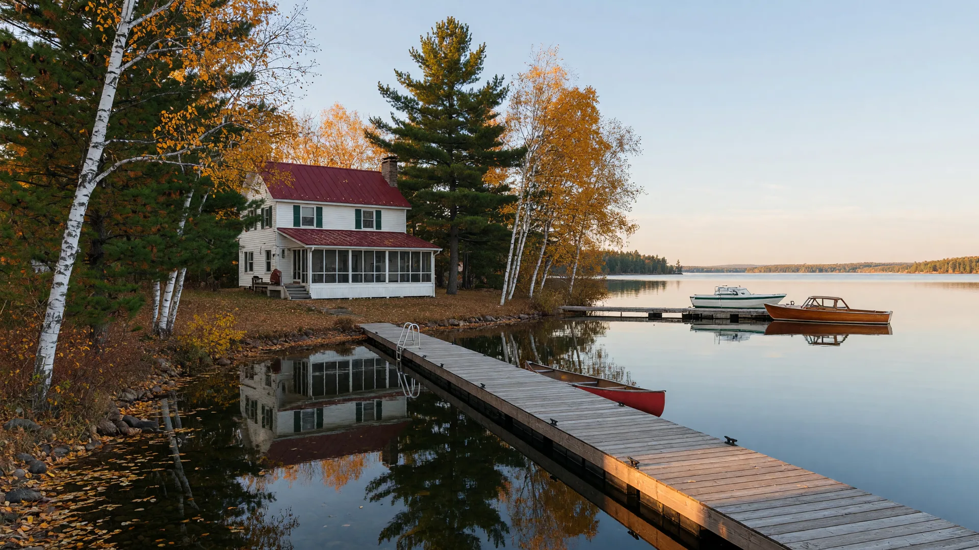 A classic Minnesota lake home on a large clear lake in late autumn, with a wooden dock and golden shoreline