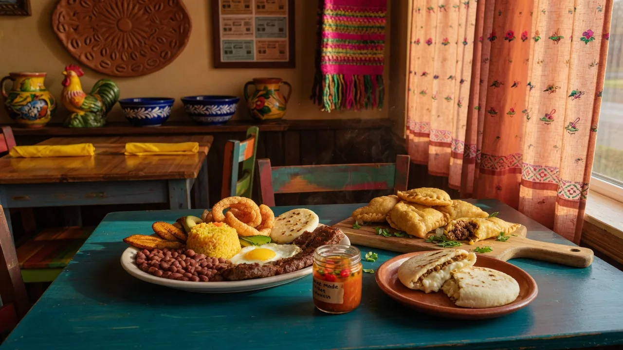 A colorful table setting at La Colombiana Restaurante in Beavercreek featuring bandeja paisa, empanadas, arepas, and warm golden-hour light